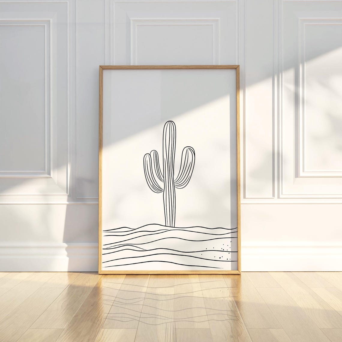Minimalist Cactus Desert Landscape Monochrome Line Drawing Wall Art
