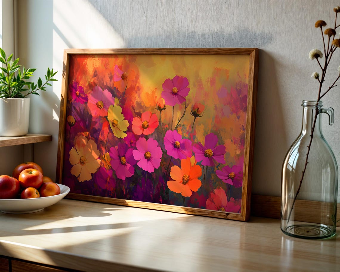 Vibrant Cosmos Flowers Pink Orange Yellow Bold Floral Art Poster - Image 2