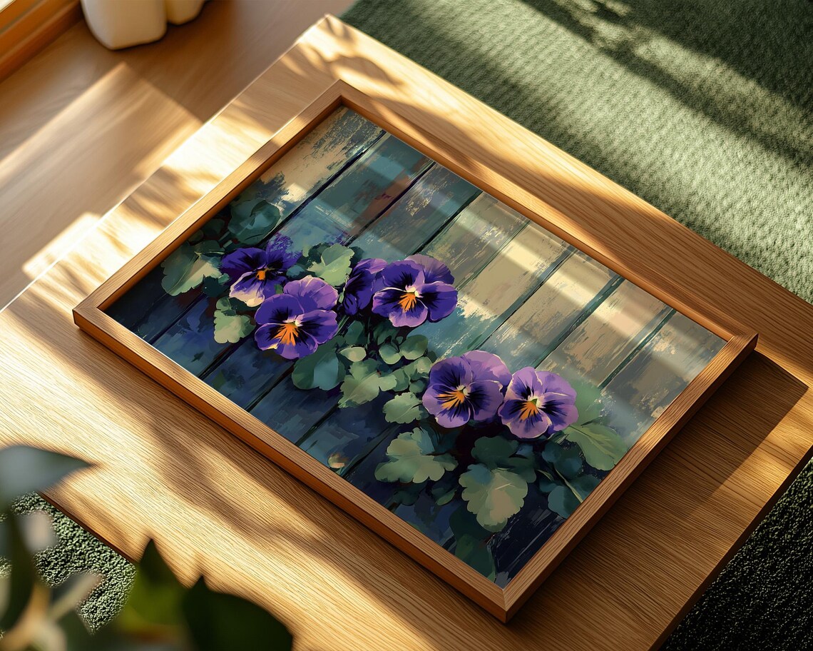 Purple Pansies Rustic Wooden Fence Vintage Garden Floral Wall Art - Image 2