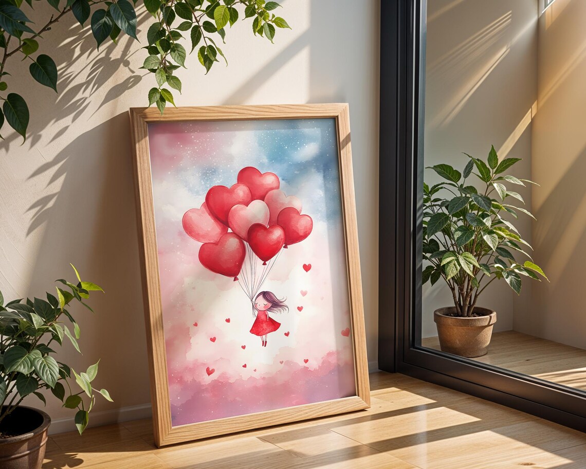 Little Girl Floating With Red Heart Balloons Whimsical Poster - Image 2