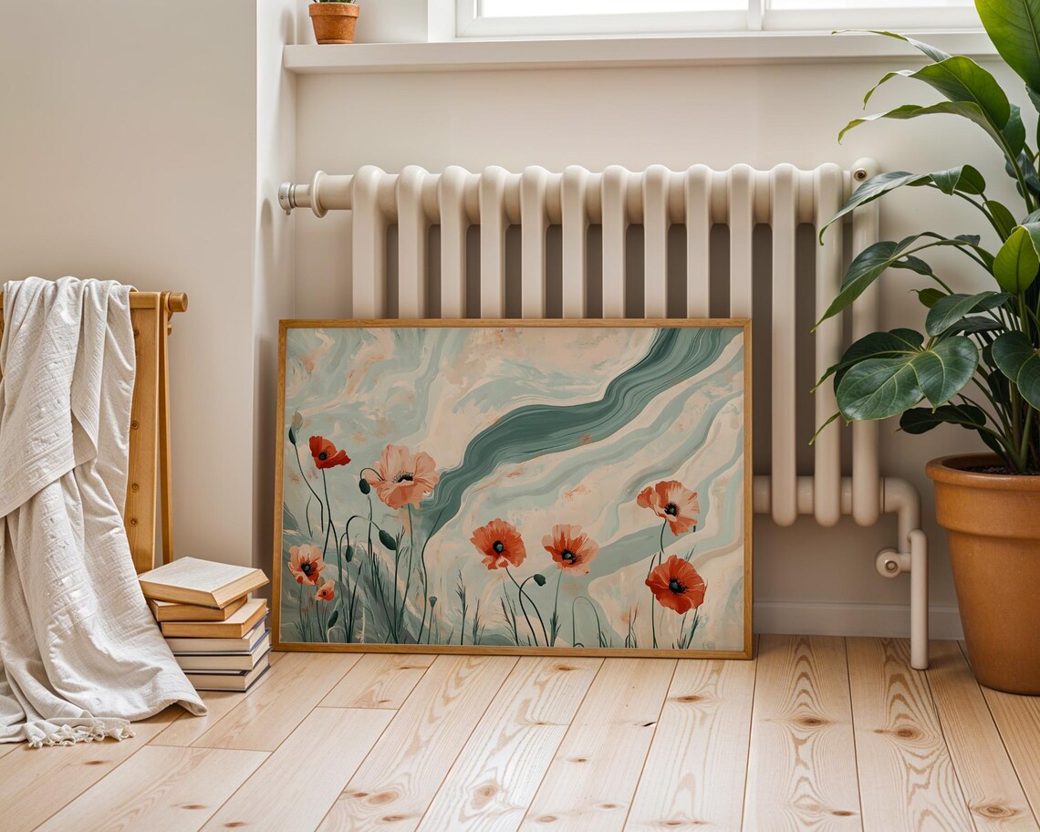 Coral Poppies Teal Marble Waves Modern Botanical Floral Wall Art - Image 6