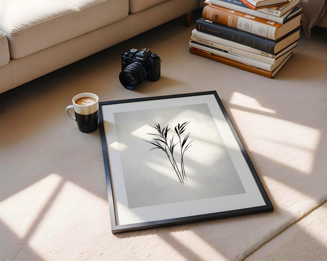 Minimalist Black Reed Grass Stems Botanical Ink Line Art Wall Poster - Image 6