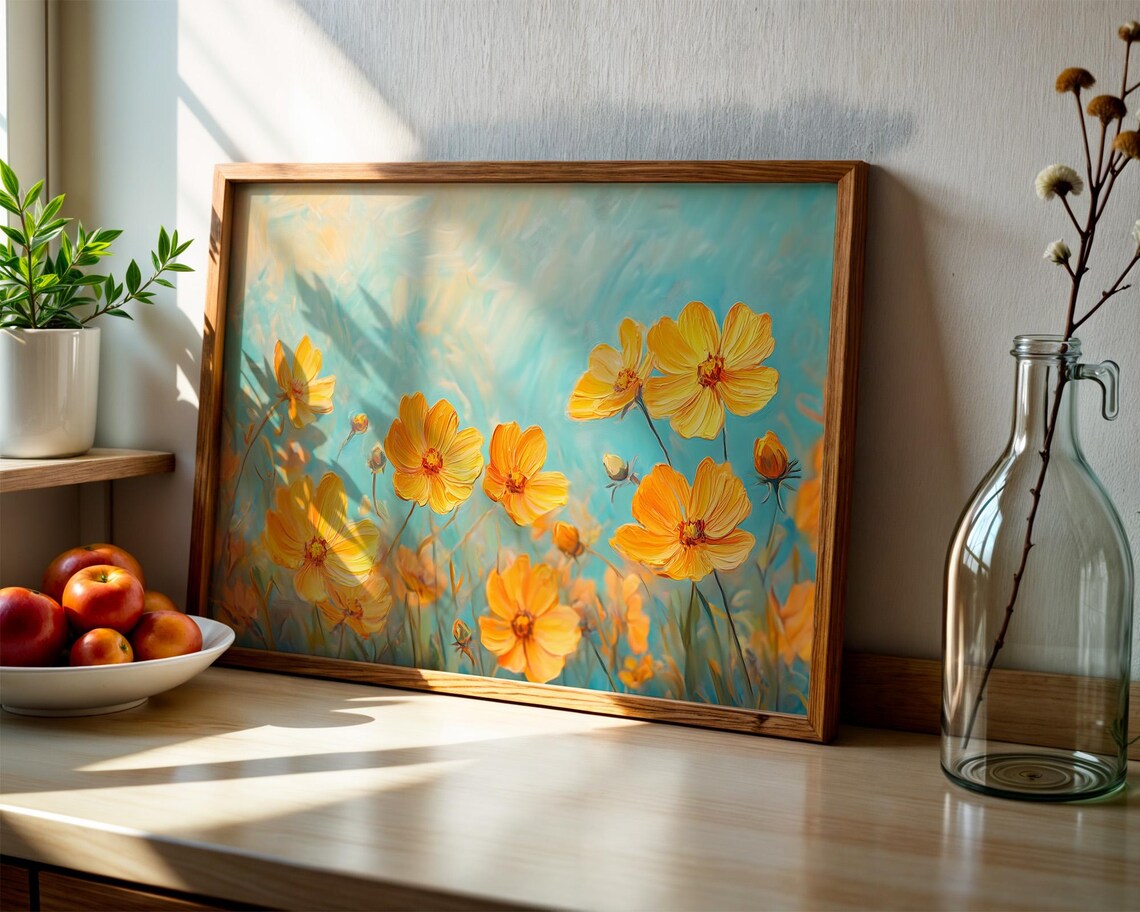 Golden Yellow Cosmos Flowers Teal Background Floral Art Poster - Image 2