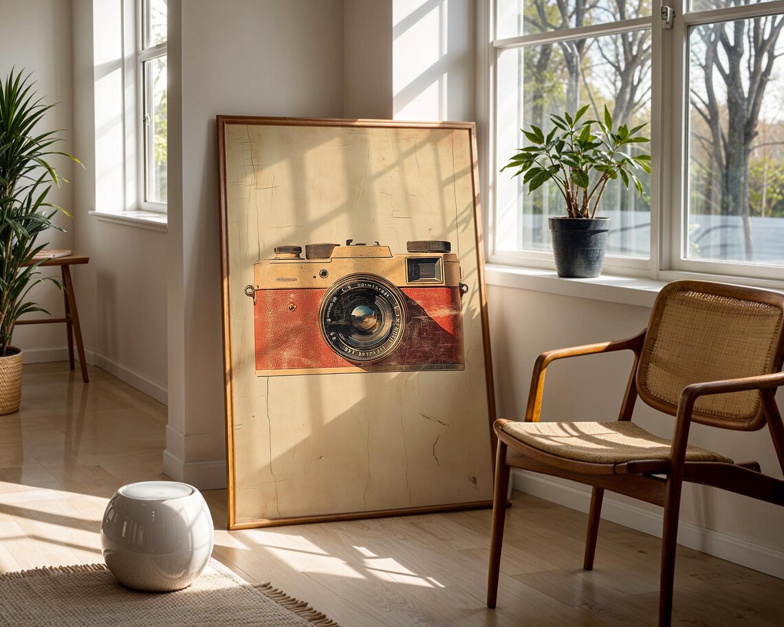 Vintage Rangefinder Camera Tan And Red Leather On Wood Poster