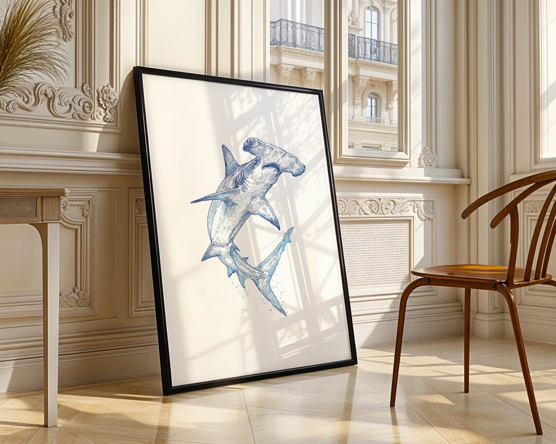 Striking Hammerhead Shark Blue Ink Illustration Ocean Animal Poster - Image 4