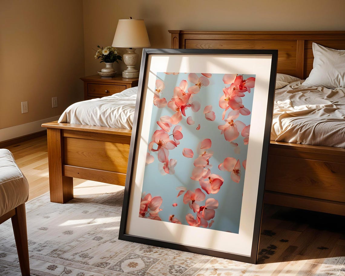Pink Cherry Blossom Petals Falling Art Poster on Soft Blue Sky - Image 4