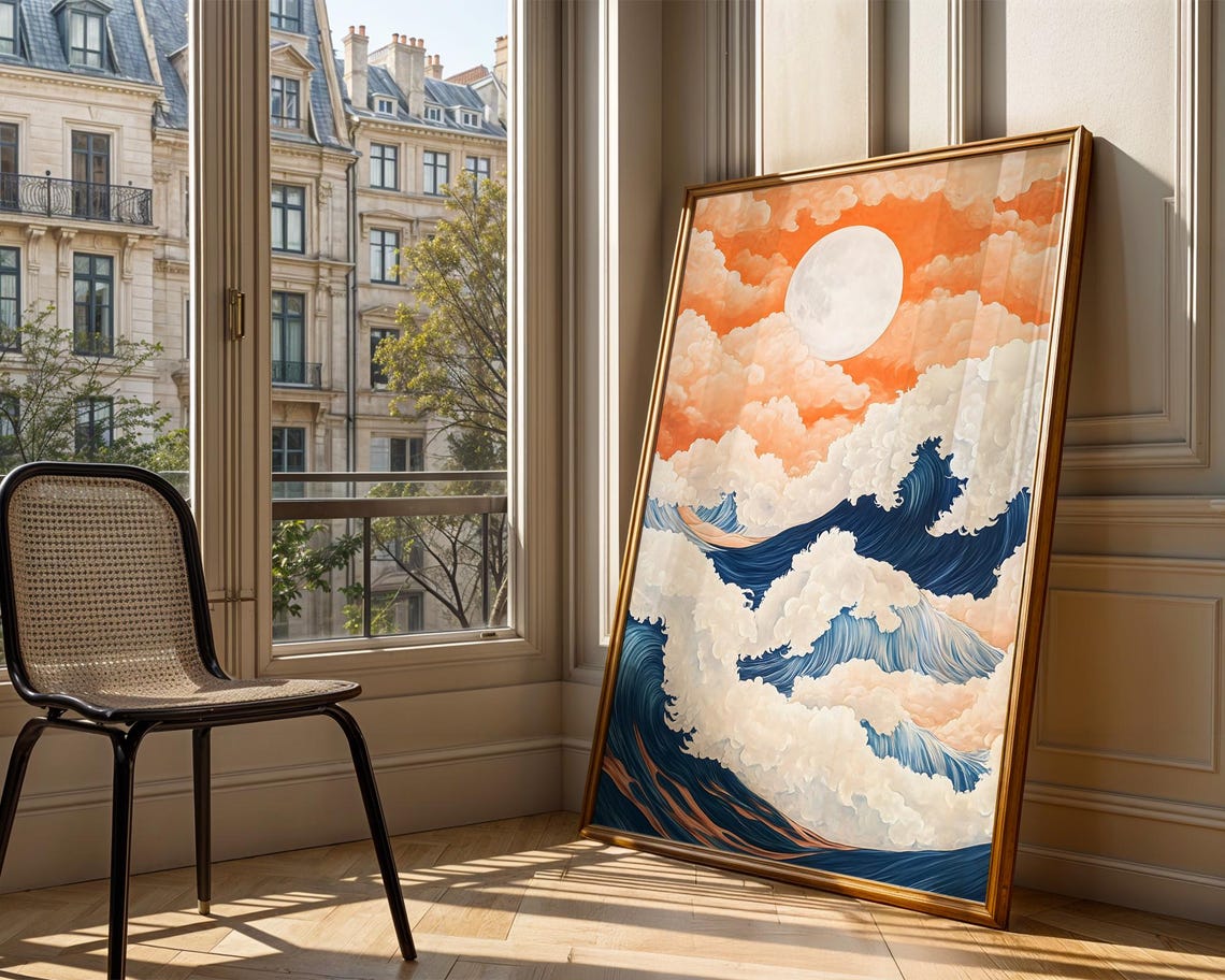 Moonlit Ocean Waves Blue And Orange Dramatic Surreal Seascape Poster - Image 3