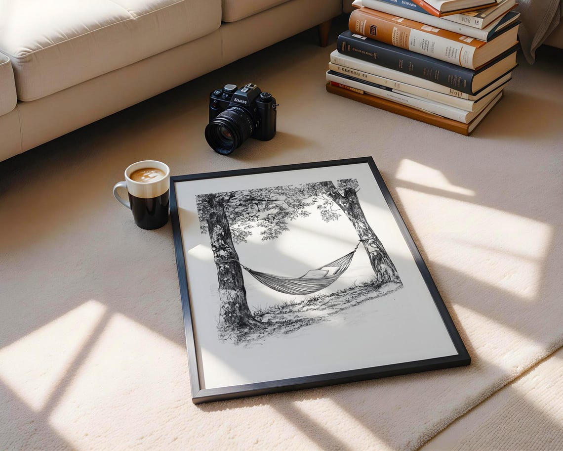 Hammock Between Two Trees Monochrome Sketch Relaxing Nature Art Poster - Image 5