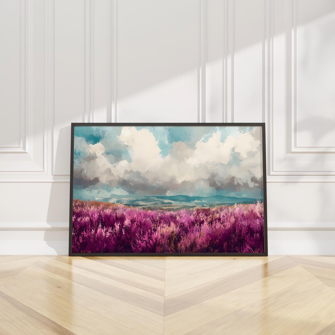 Purple Heather Field Cloudy Sky Landscape Oil Painting Poster