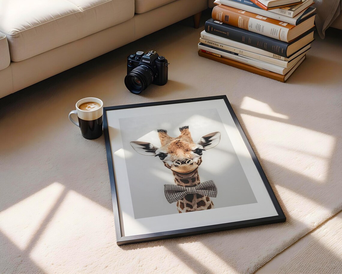 Baby Giraffe Plaid Bow Tie Cute Nursery Animal Portrait Art Poster - Image 3