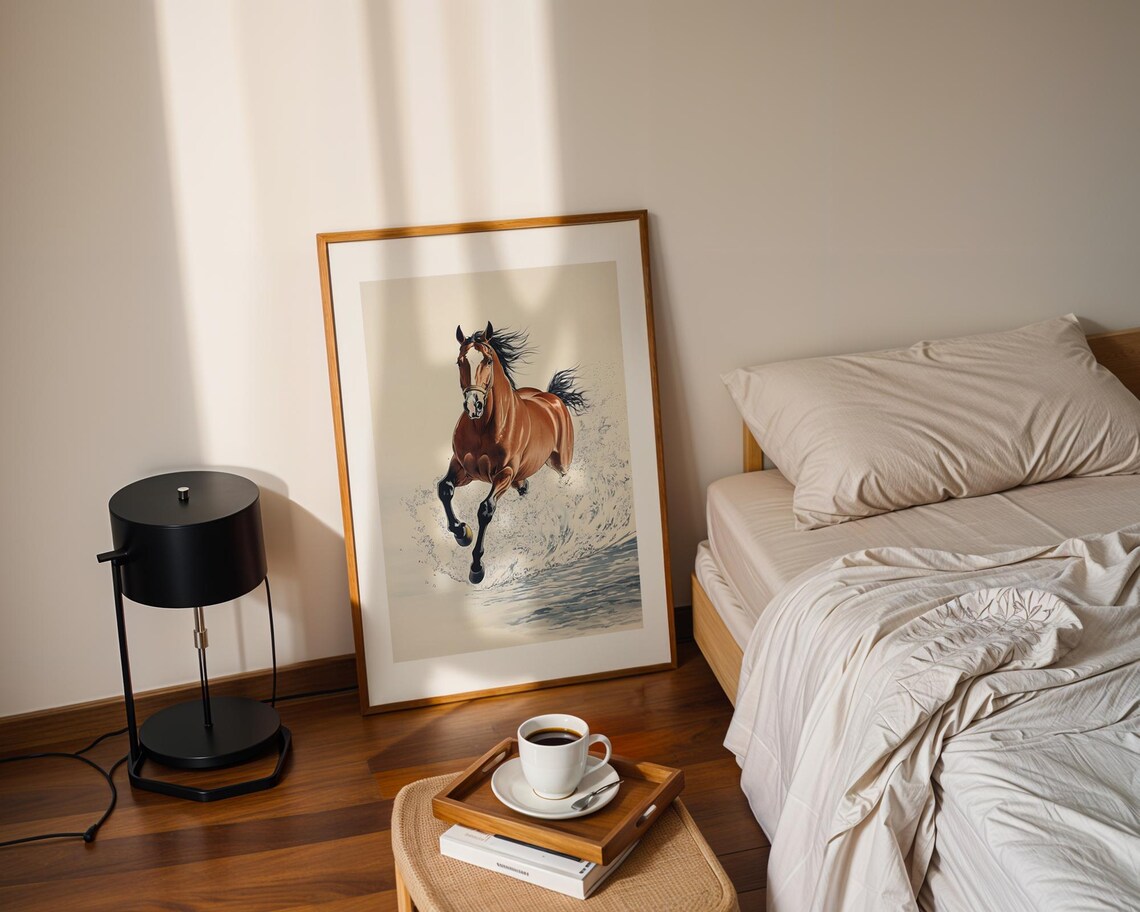 Running Horse Water Splash Brown Stallion Wildlife Painting Poster - Image 3