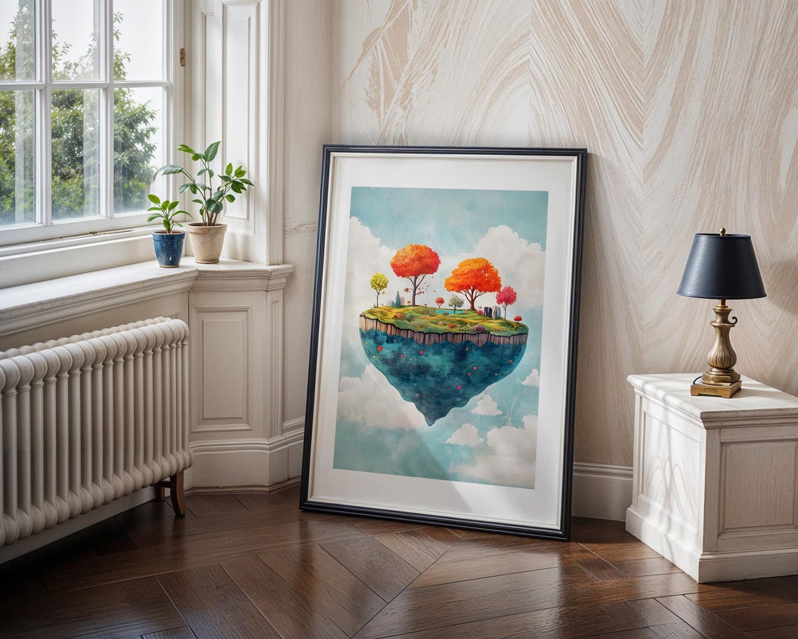 Floating Island Autumn Tree Watercolor Whimsical Fantasy Poster - Image 3