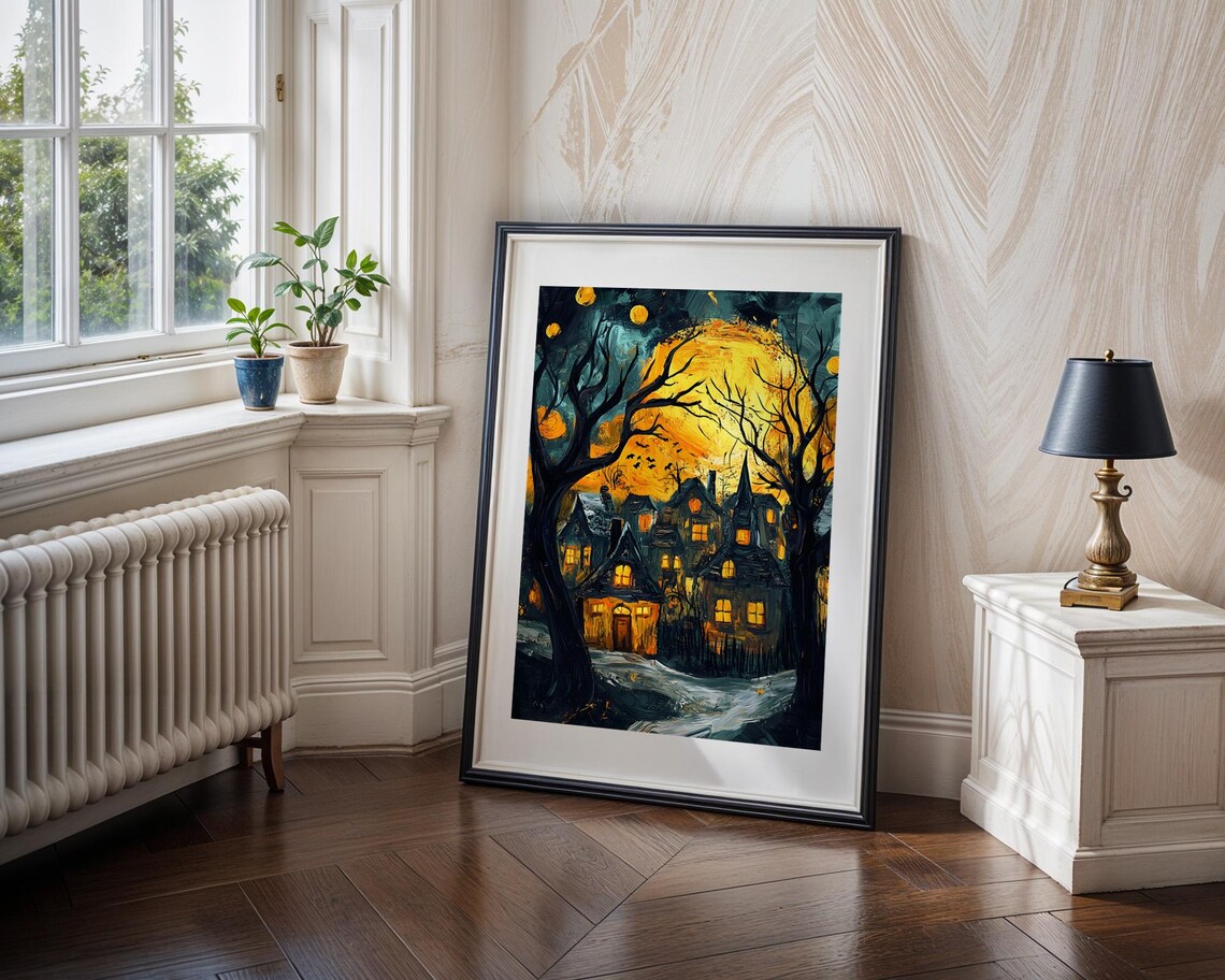 Haunted Village Harvest Moon Spooky Night Halloween Scene Poster - Image 4