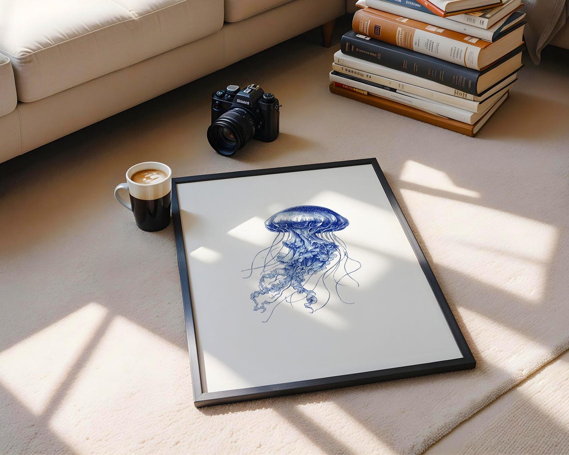 Graceful Jellyfish Blue Ink Sketch Ocean Sea Life Art Poster - Image 6