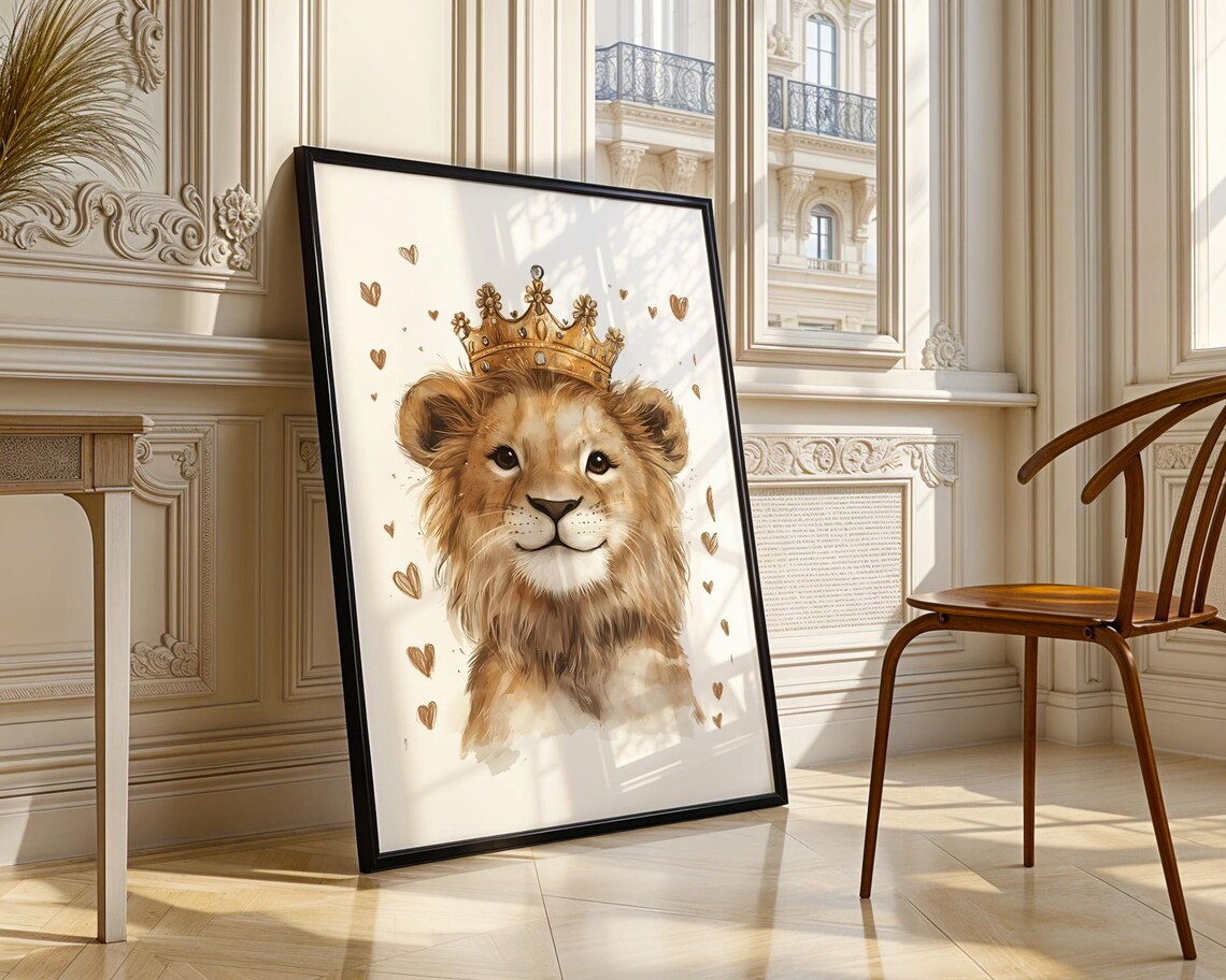 Baby Lion Wearing Gold Crown Hearts Cute Royal Nursery Poster - Image 5