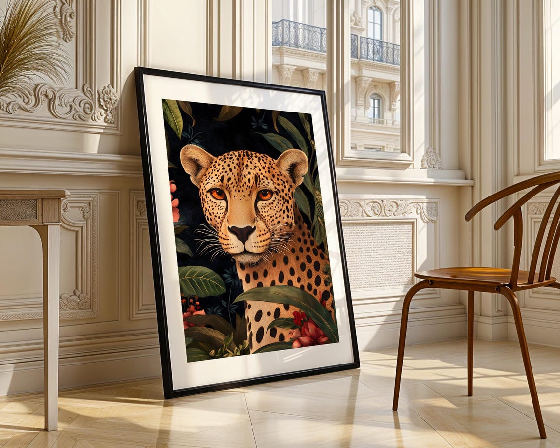 Elegant Leopard In Lush Jungle Wall Art Print Trendy Decor Prints Exotic Wildlife Closeup Portrait