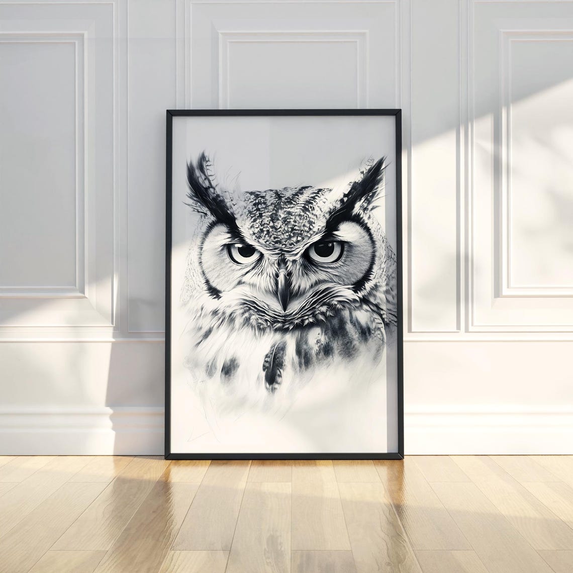 Detailed Great Horned Owl Portrait Monochrome Wildlife Sketch Poster