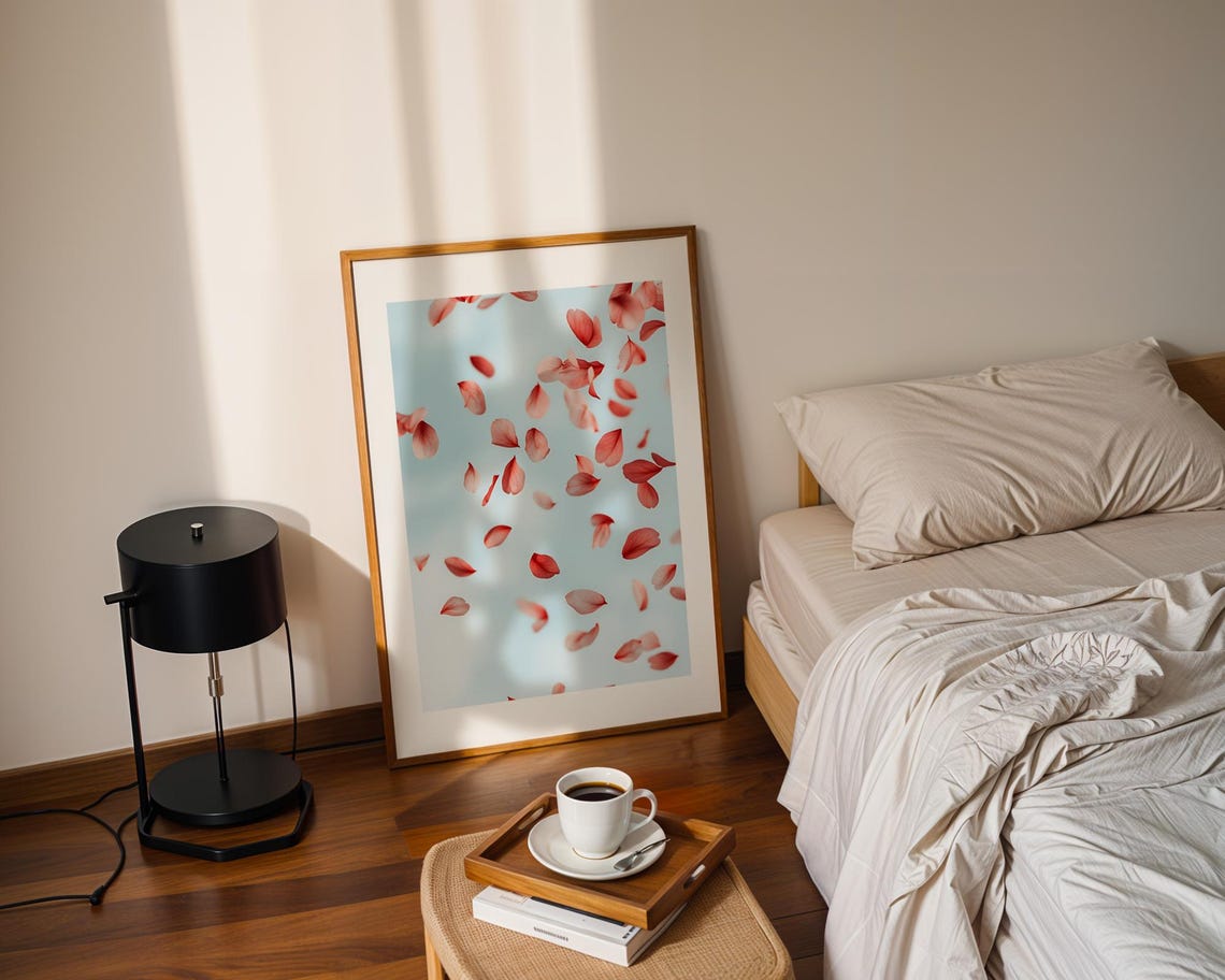 Falling Rose Petals Light Blue Romantic Floral Home Decor Print - Image 2