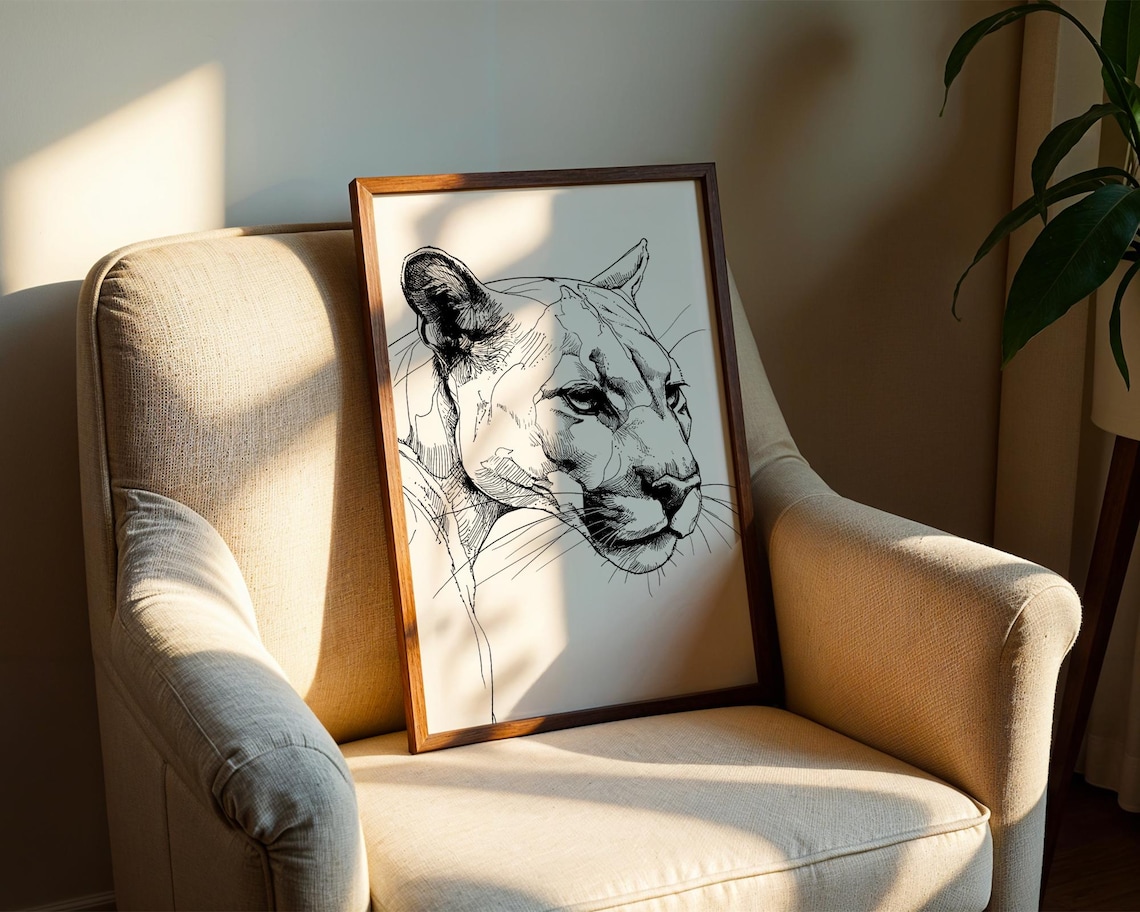 Panther Head Black Ink Sketch Big Cat Wildlife Illustration Poster - Image 2