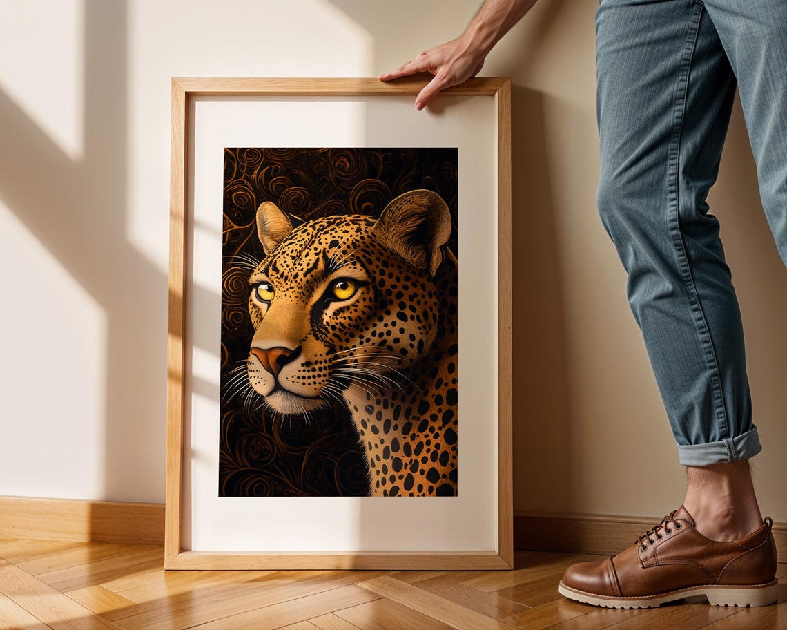 Golden Leopard Close Up Dark Ornate Background Wildlife Poster - Image 3