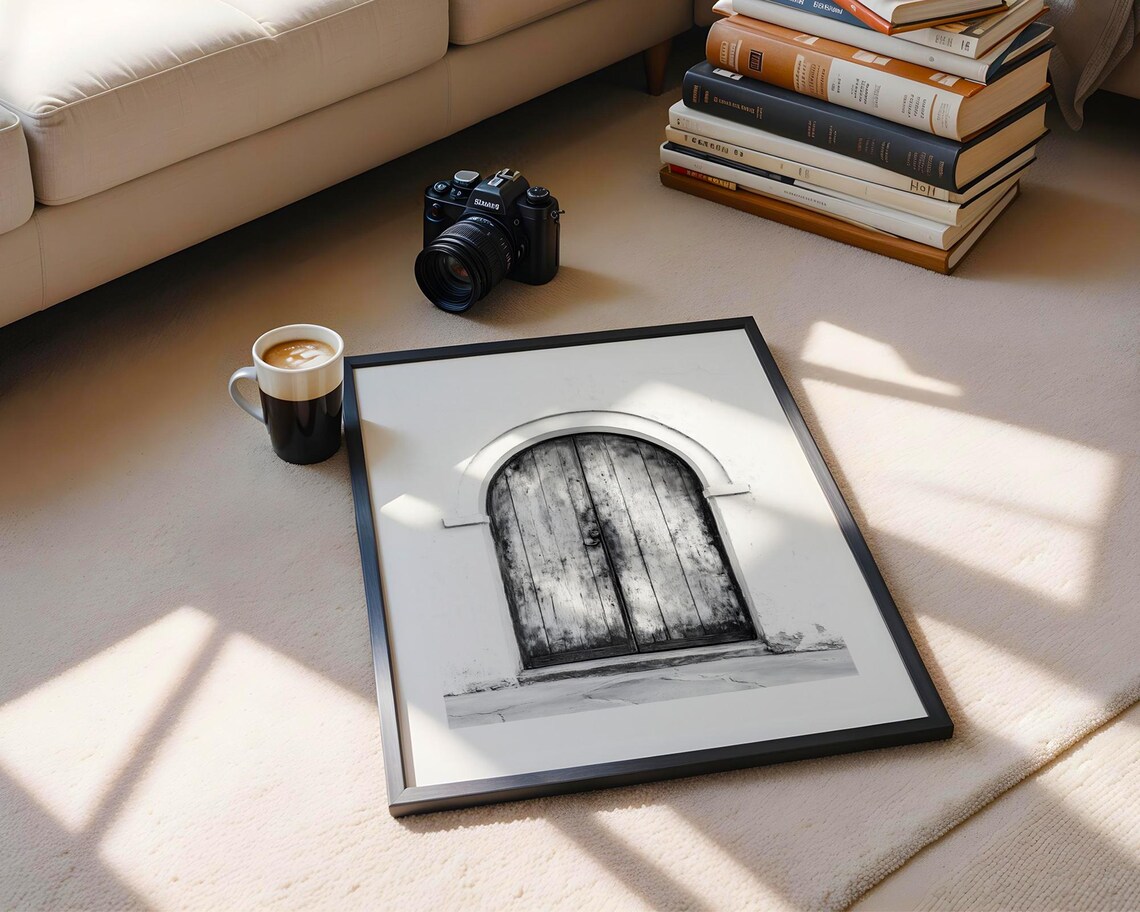 Rustic Arched Wooden Door Black White Vintage Entryway Wall Poster - Image 6