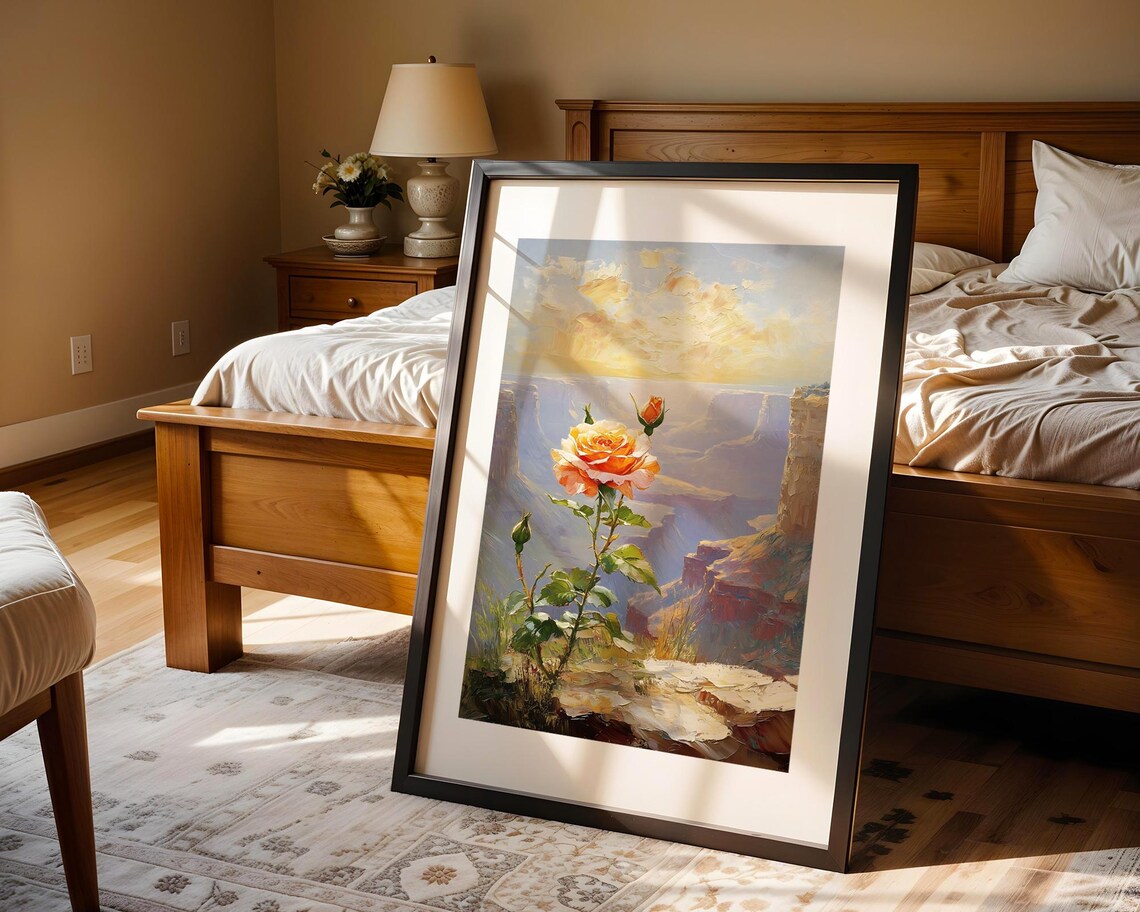 Peach Rose Canyon Sunset Cliff Floral Oil Style Painting Poster - Image 4