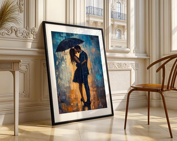 Romantic Couple Kissing Under Umbrella Wall Art Moody Rainy Love Scene Poster Living Room Office Bedroom Decor