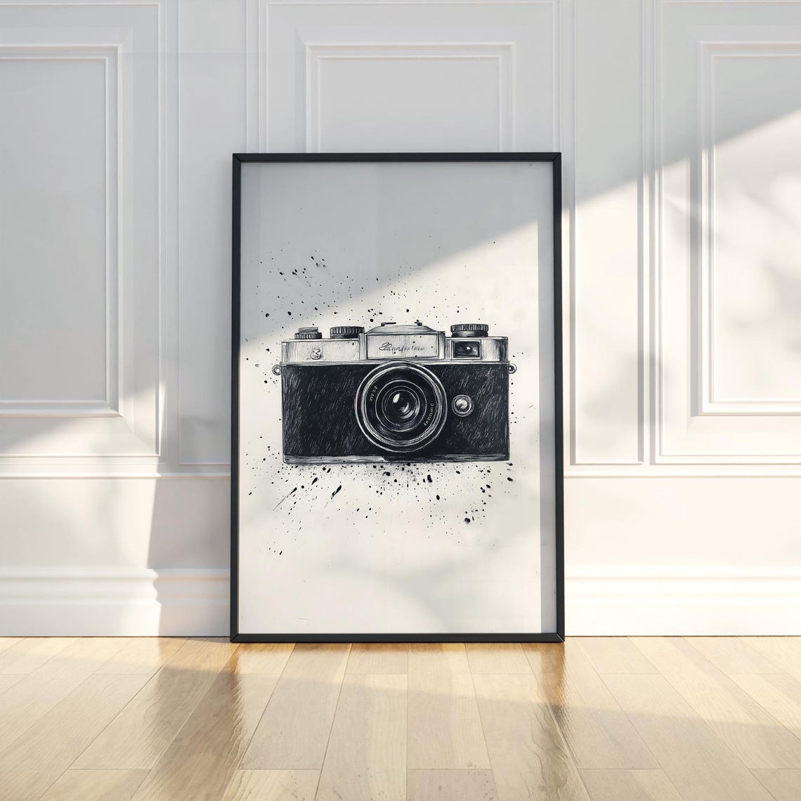 Vintage Film Camera Charcoal Sketch Black Ink Splatter Art Poster