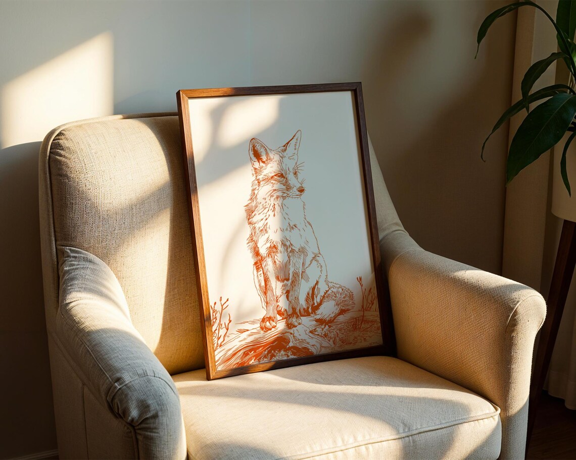 Alert Red Fox Sitting Orange Line Drawing Wildlife Sketch Poster - Image 2