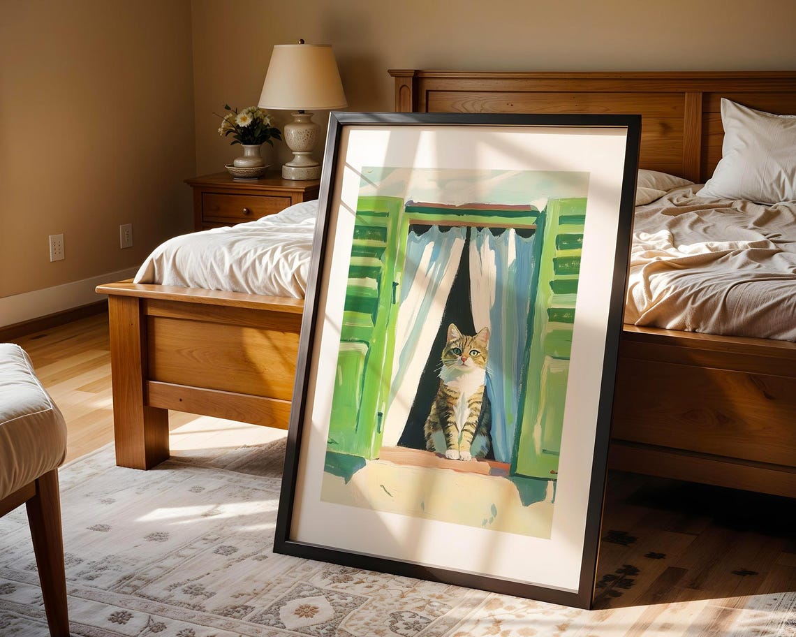 Tabby Cat Window Green Shutters Sunlit Pet Portrait Art Print - Image 4