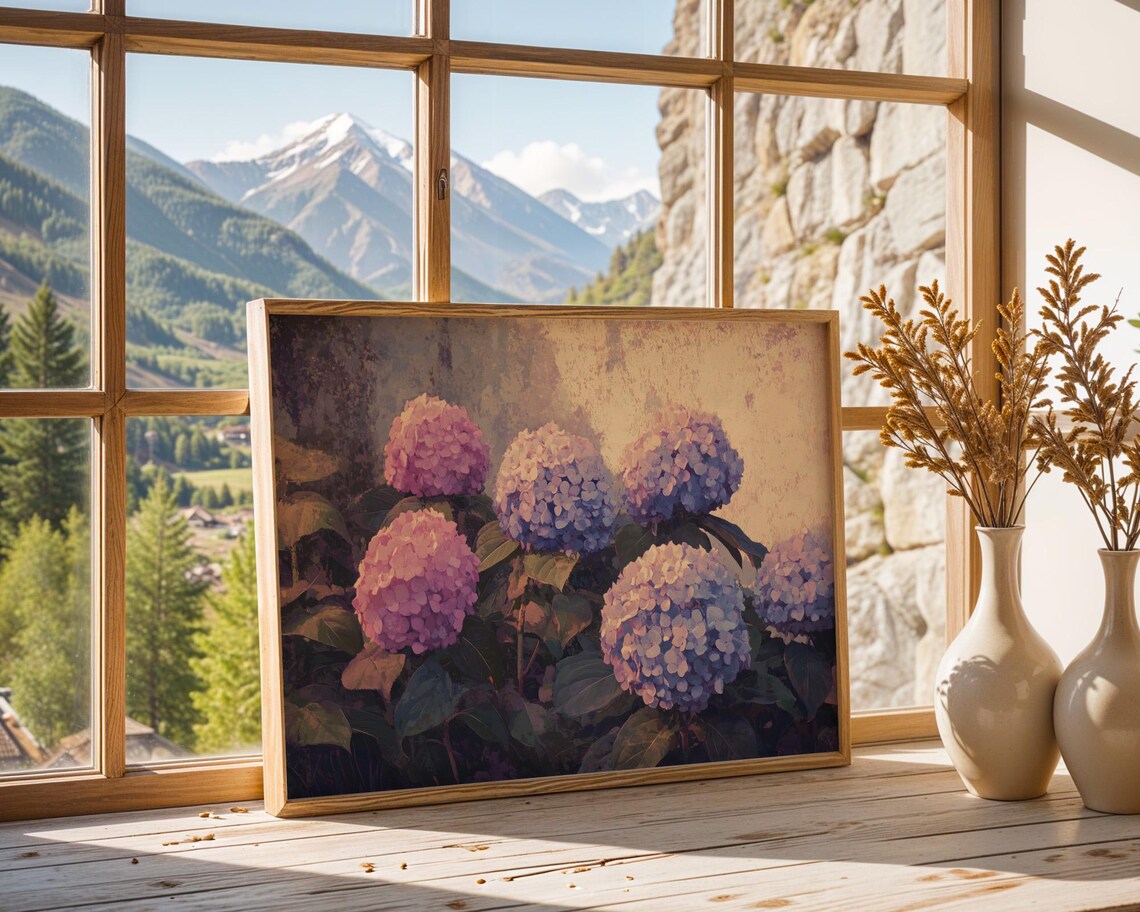 Pink Blue Hydrangea Blooms Summer Garden Flower Oil Painting Poster - Image 6