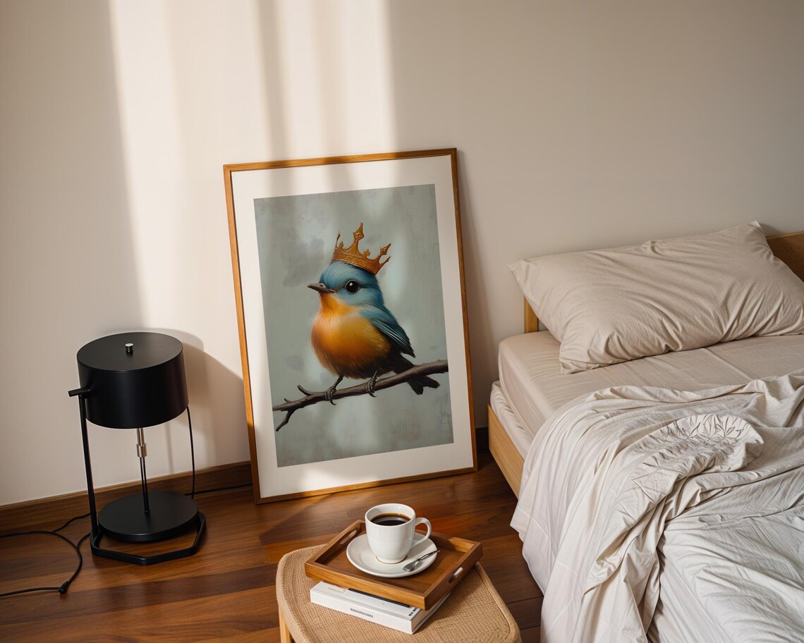 Cute Little Bird Wearing Golden Crown Whimsical Nursery Wall Art - Image 2