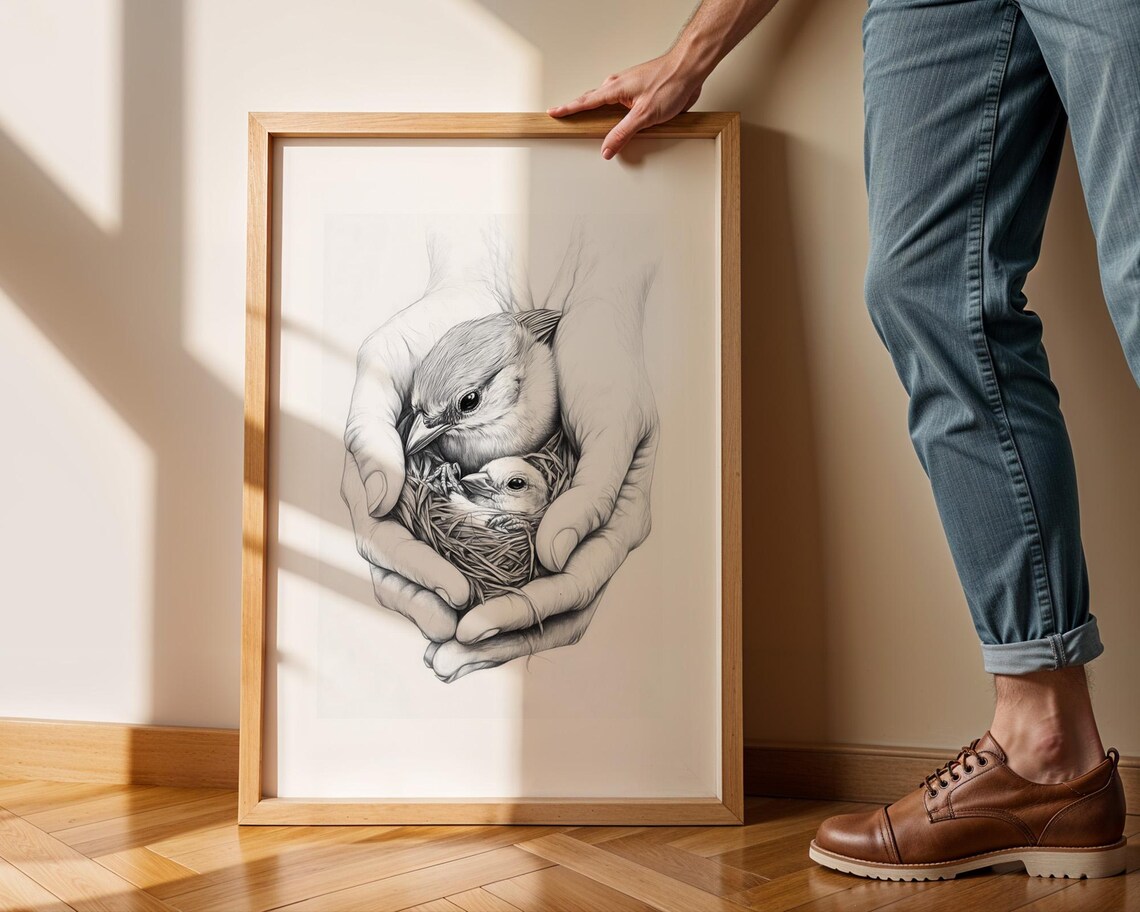 Gentle Hands Cupping Bird And Chick In Nest Pencil Sketch Poster - Image 2
