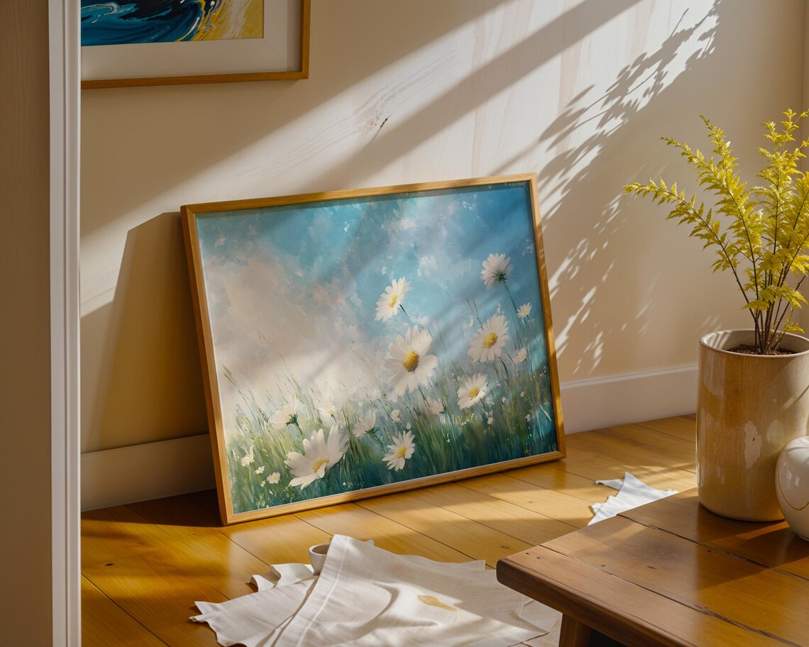Bright Daisy Meadow Under Blue Sky Fresh Summer Floral Watercolor Poster - Image 4