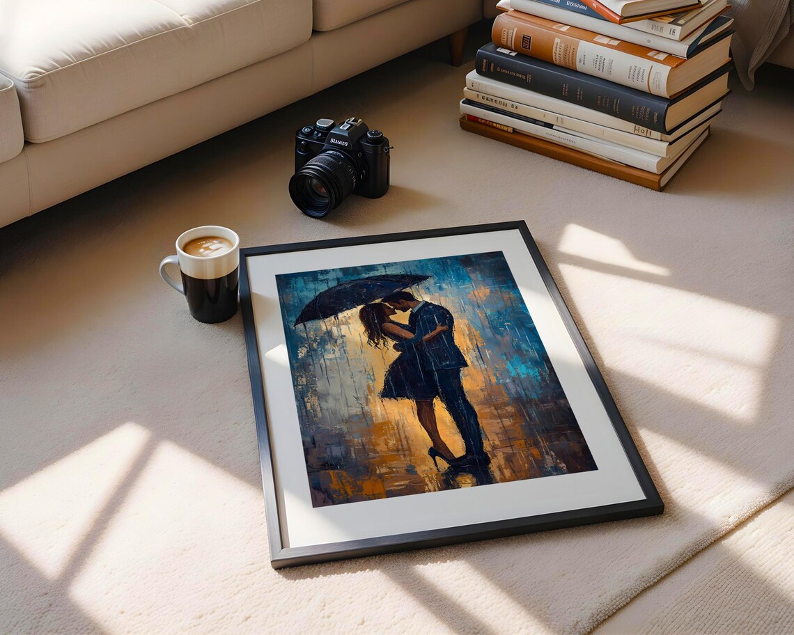 Romantic Couple Kissing Under Umbrella Rainy City Painting Poster - Image 3