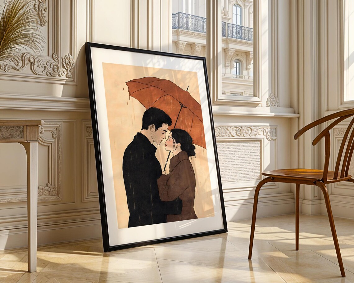 Couple Under Umbrella in Rain Romantic Illustration Art Poster