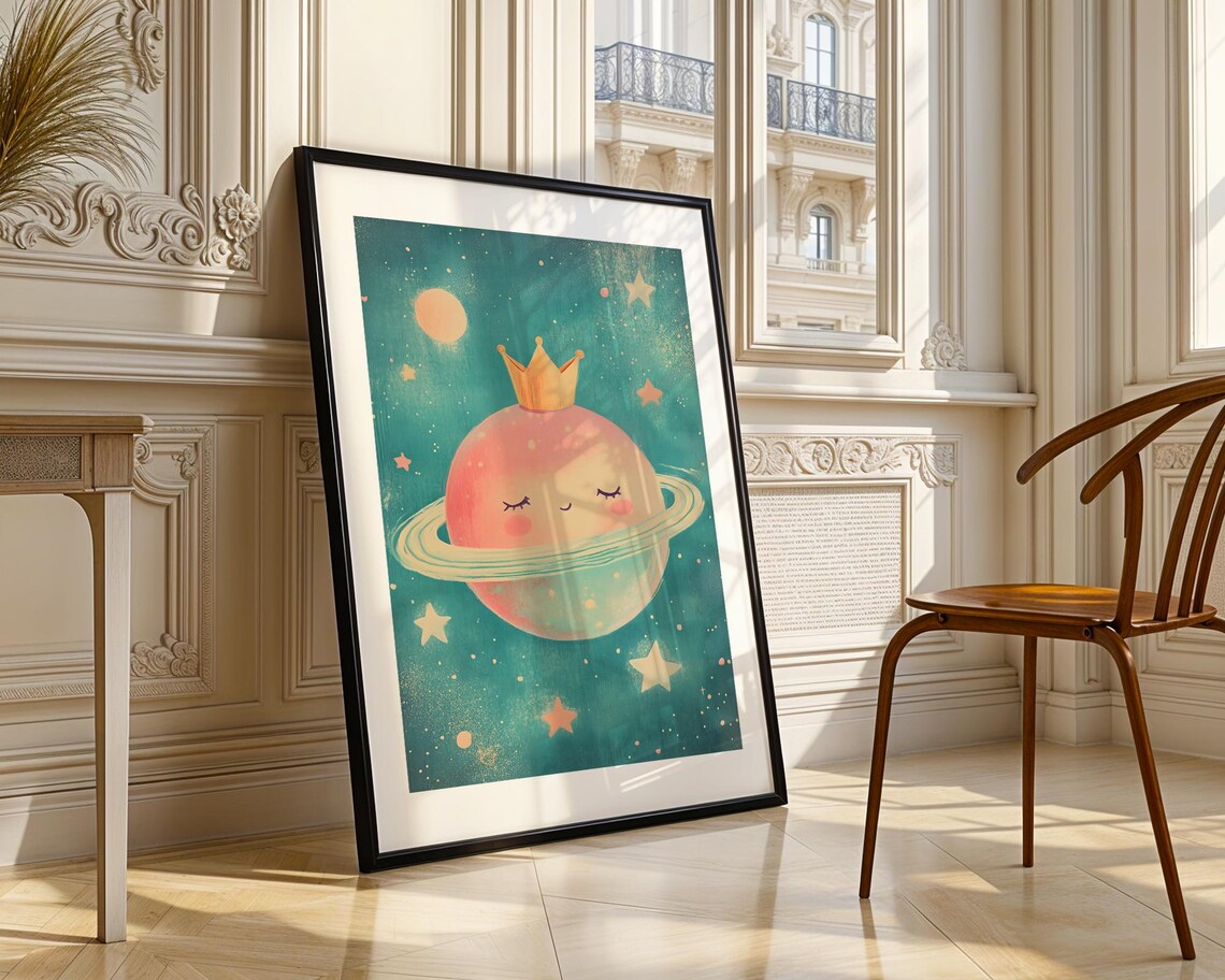 Cute Smiling Pink Planet With Crown Nursery Space Art Poster - Image 3