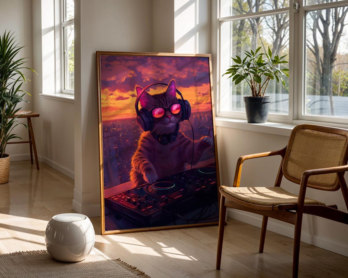 Cat DJ Wearing Headphones Over Sunset Skyline Electronic Music Poster - Image 3
