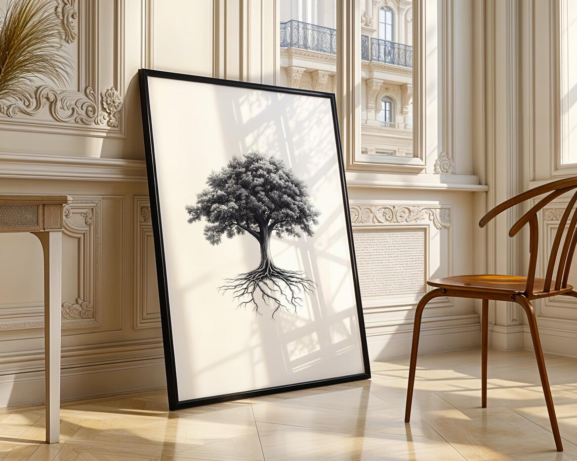 Black and White Tree of Life with Exposed Roots Ink Drawing Poster - Image 3