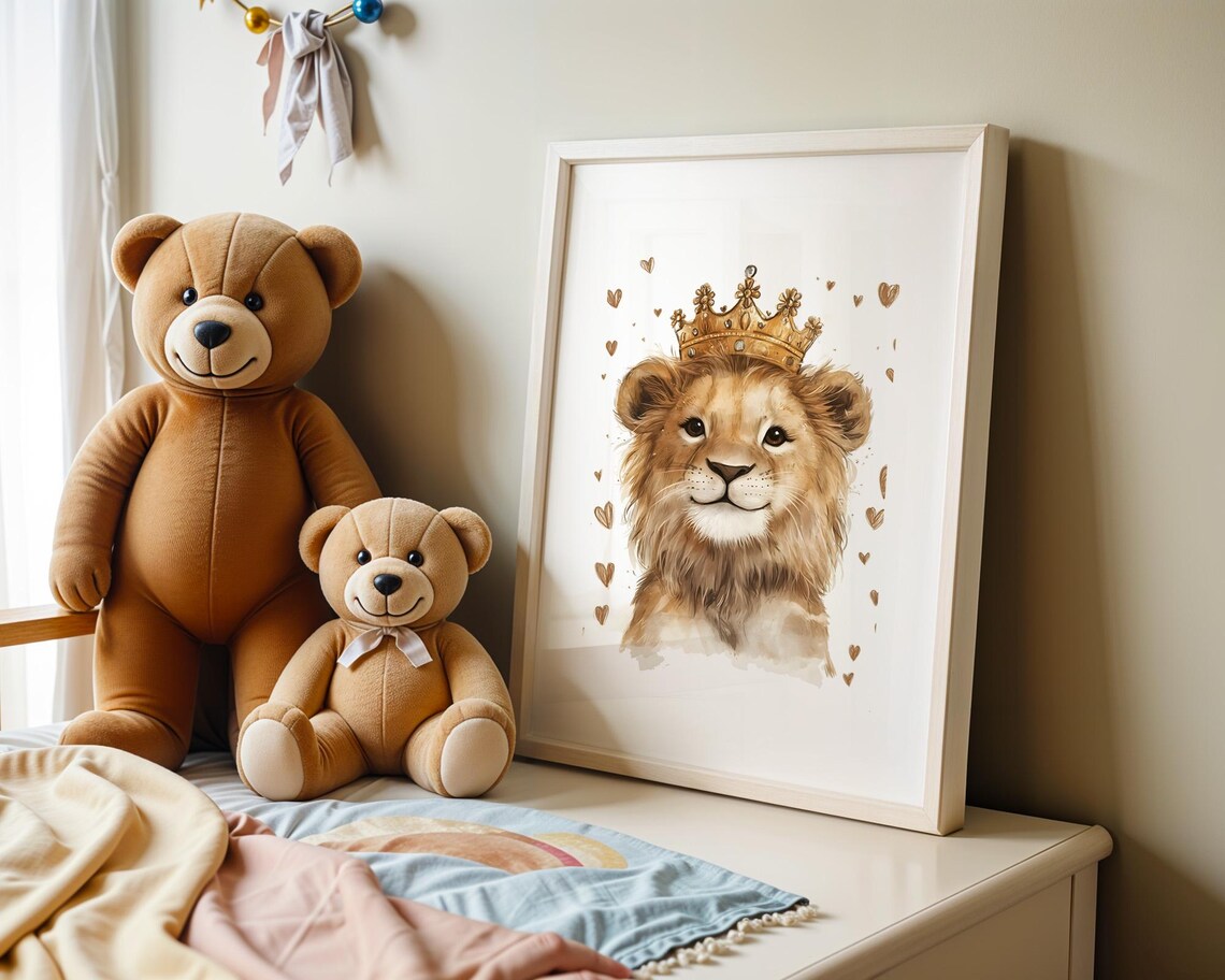 Baby Lion Wearing Gold Crown Hearts Cute Royal Nursery Poster - Image 3