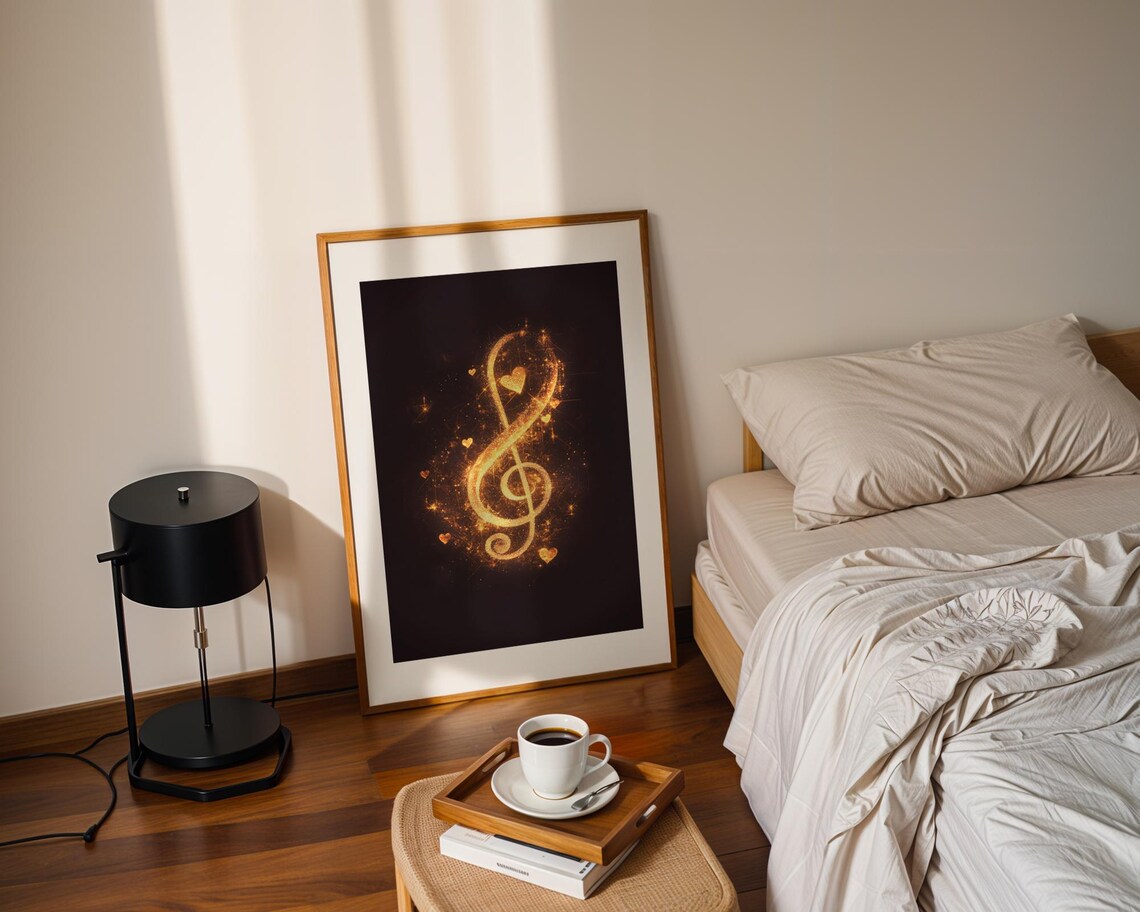Golden Treble Clef Hearts Black Background Music Note Glow Art Poster - Image 2