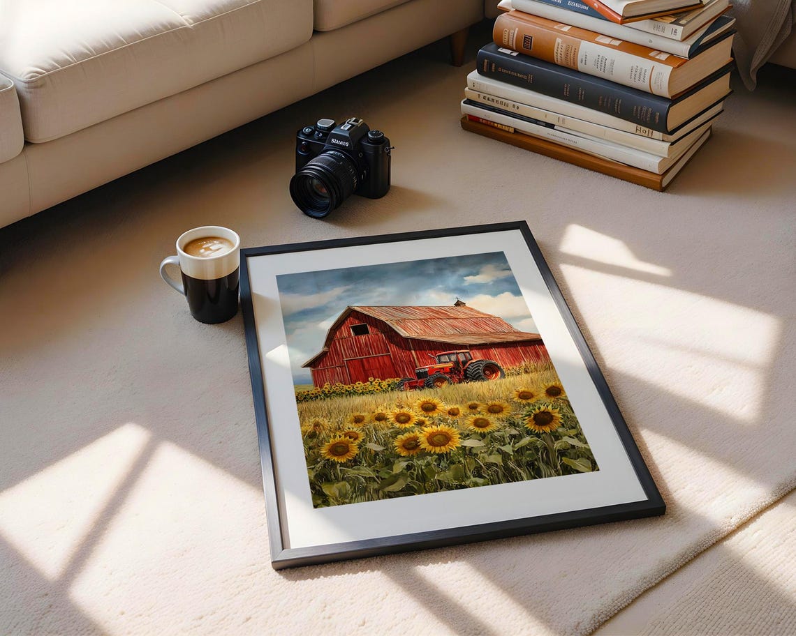 Red Barn Tractor Sunflower Field Watercolor Farm Scene Art Poster - Image 5