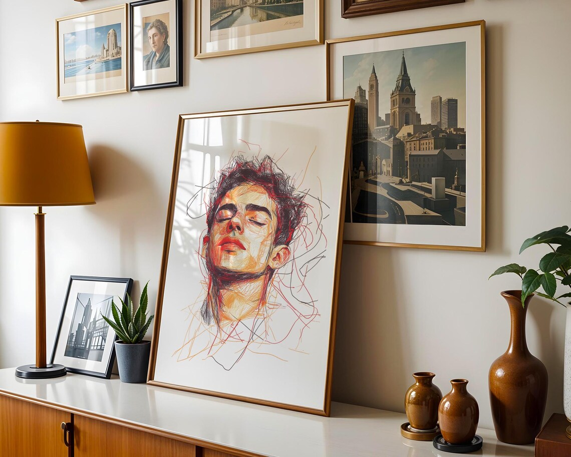 Abstract Male Portrait Colorful Line Art Contemporary Drawing Poster - Image 5