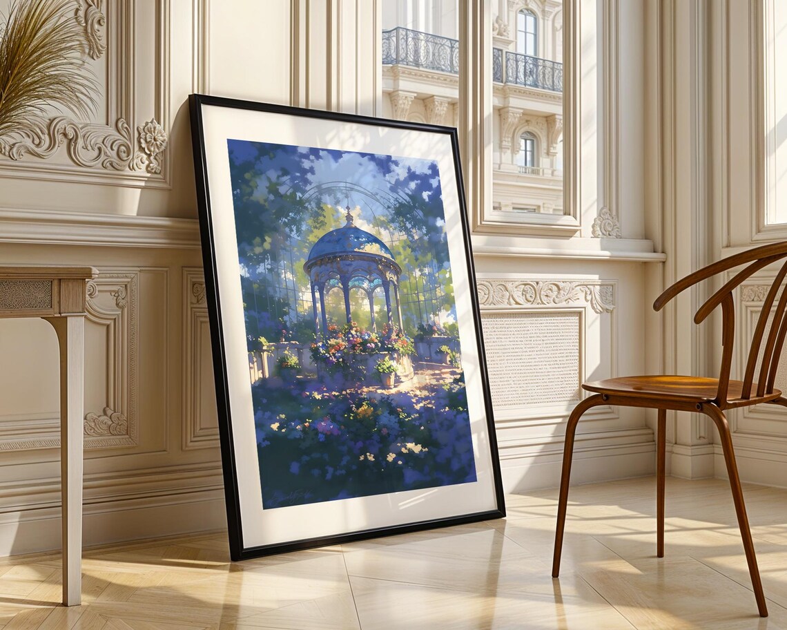 Blue Dome Gazebo in Flower Garden Dreamy Blue Painting Poster - Image 3