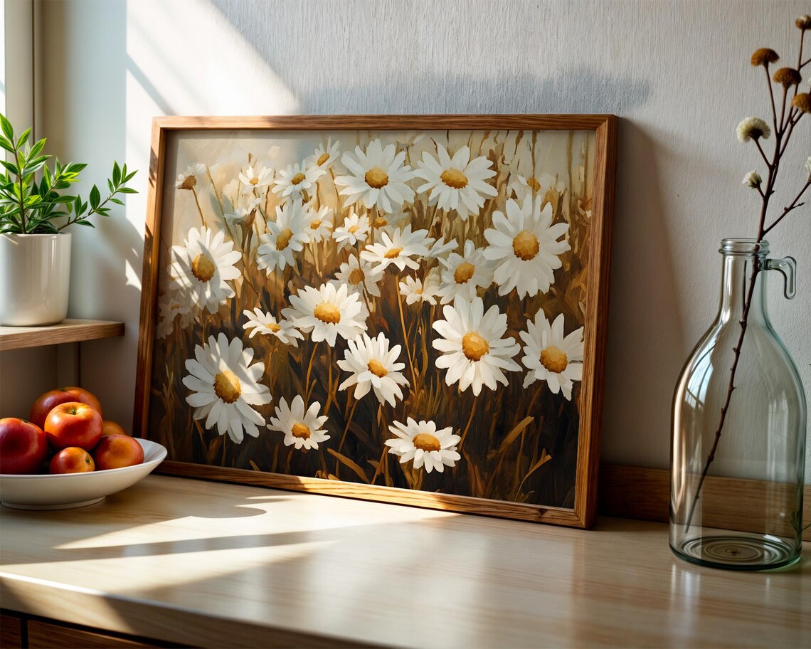 White Daisies Wildflower Field Oil Painting Floral Landscape Poster - Image 3