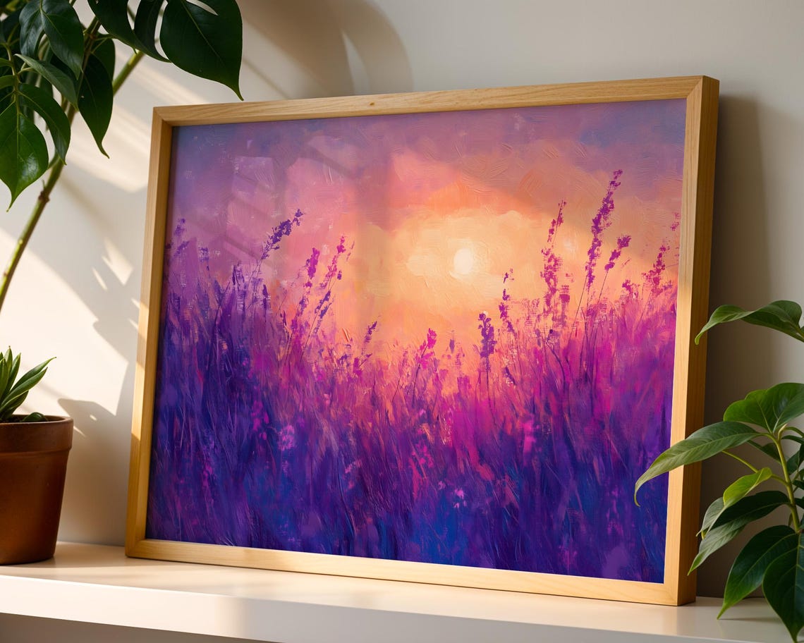 Purple Meadow Grass Sunset Peach Sky Glowing Abstract Art Poster - Image 3
