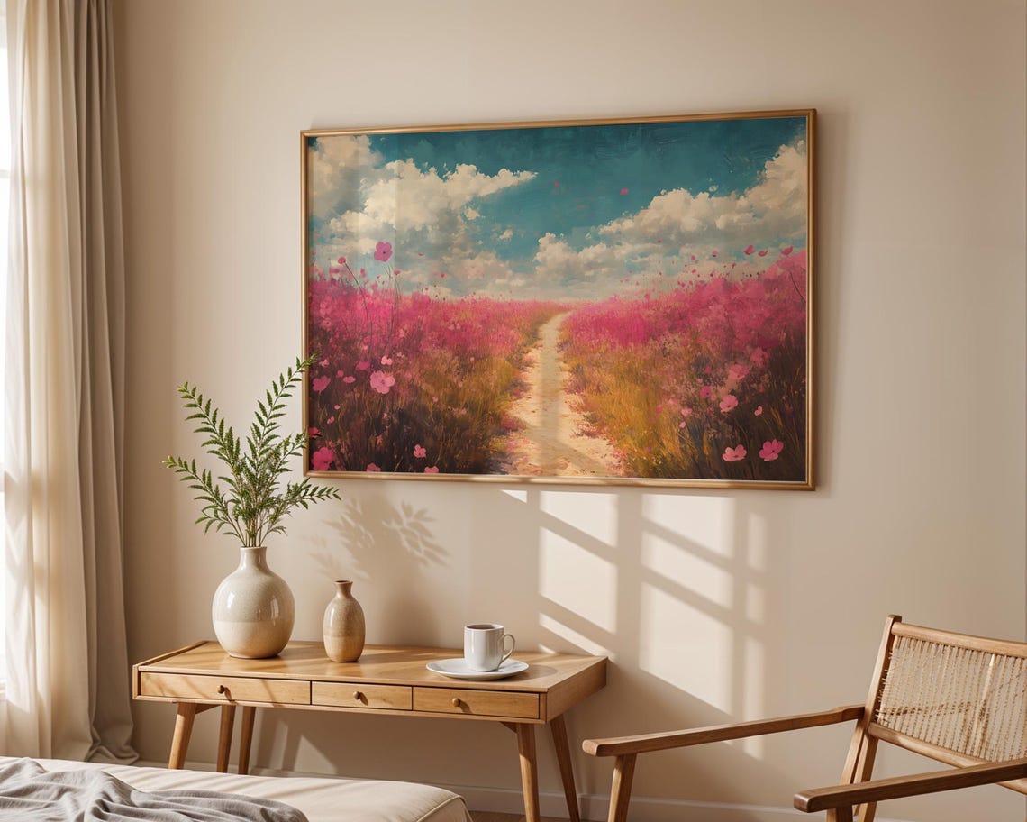 Pink Cosmos Meadow Path Teal Sky Dreamy Wildflower Art Poster - Image 5