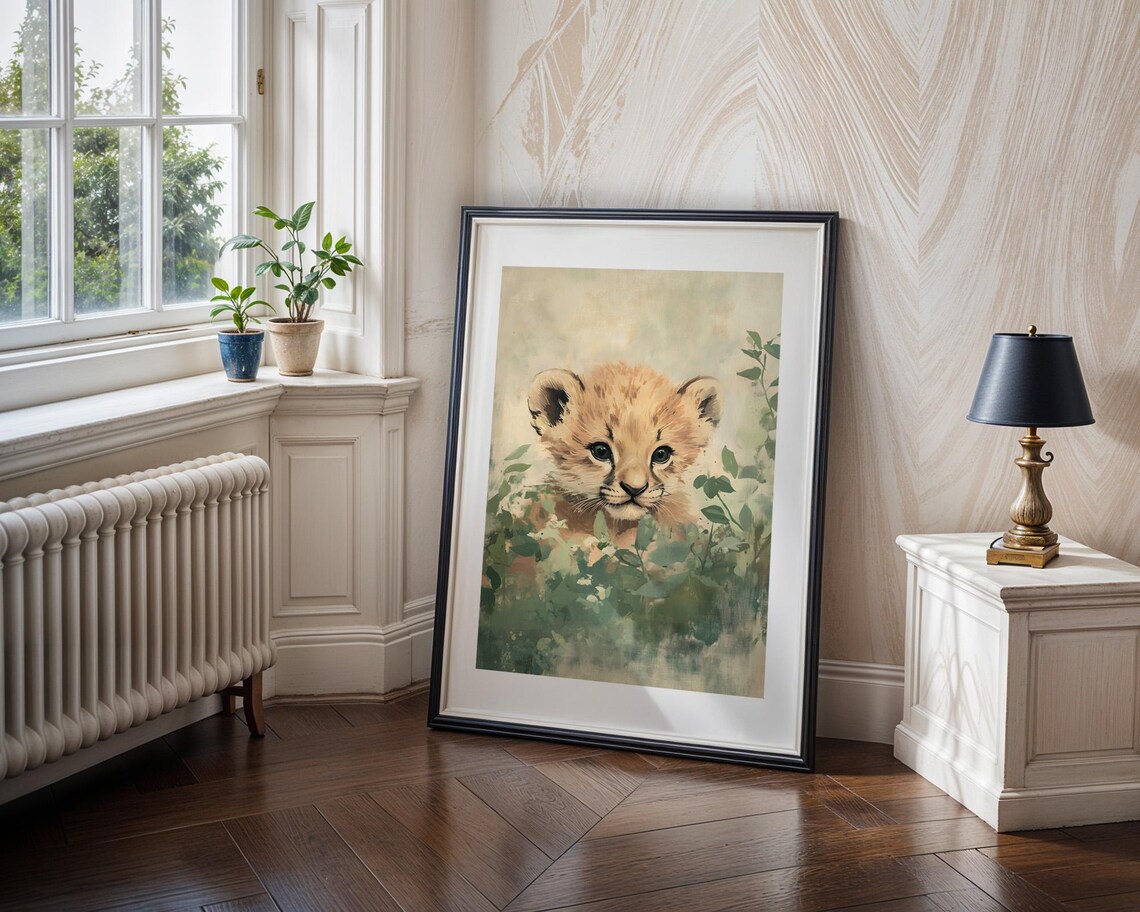 Baby Lion Cub Peeking Through Green Foliage Watercolor Art Poster - Image 4