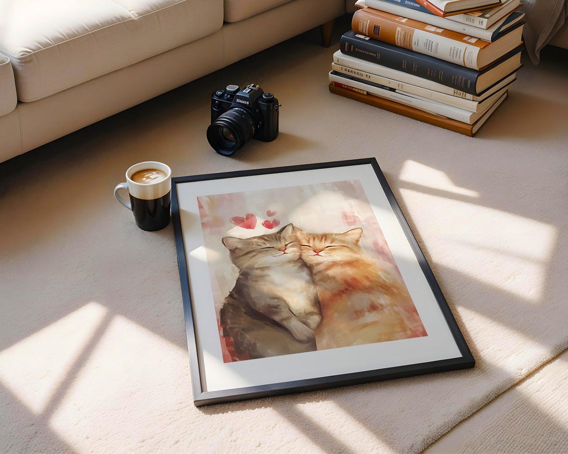 Two Cats Cuddling Pink Hearts Watercolor Cute Kitten Love Art Poster - Image 3