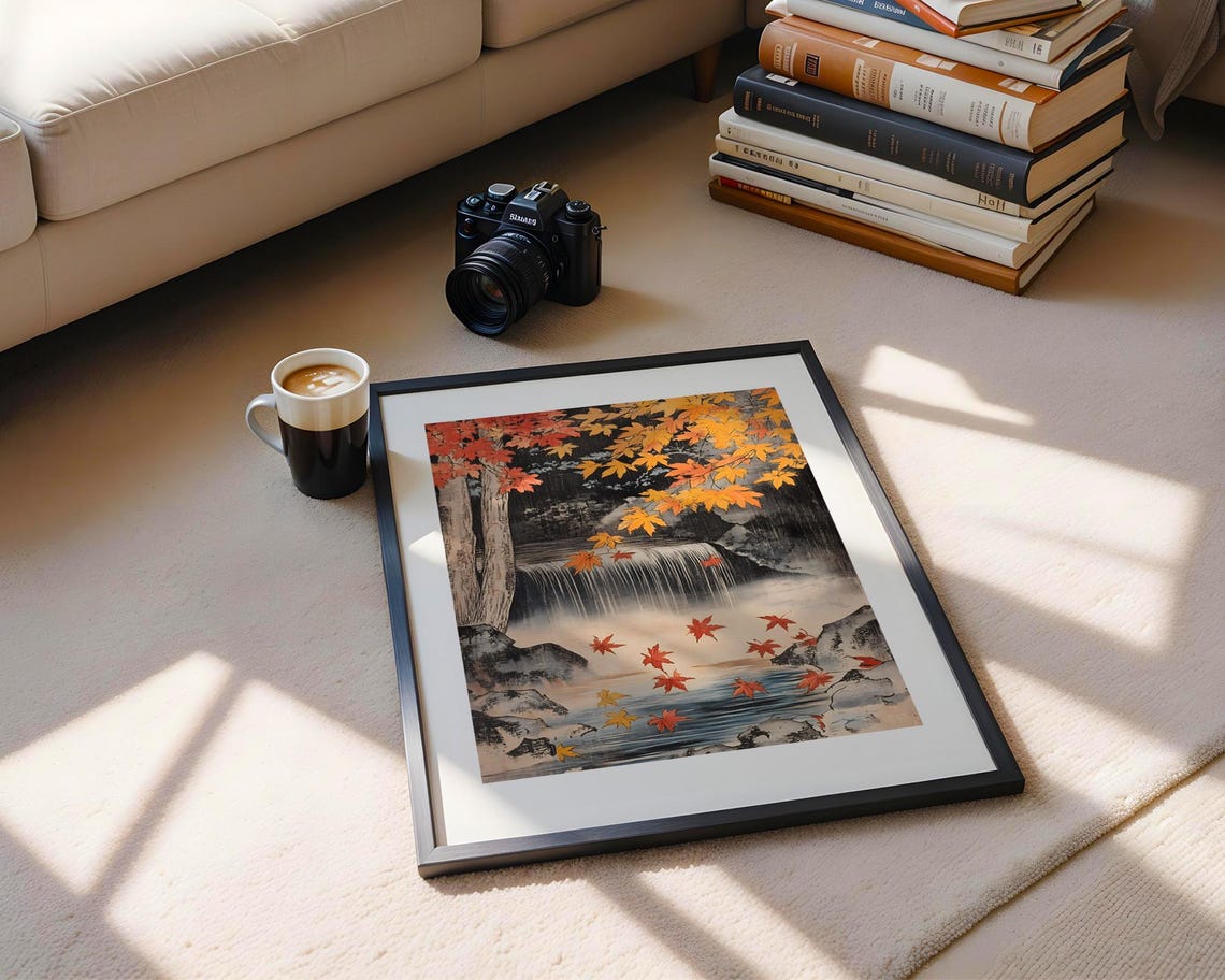 Japanese Autumn Waterfall Art Poster with Falling Red Maple Leaves - Image 5